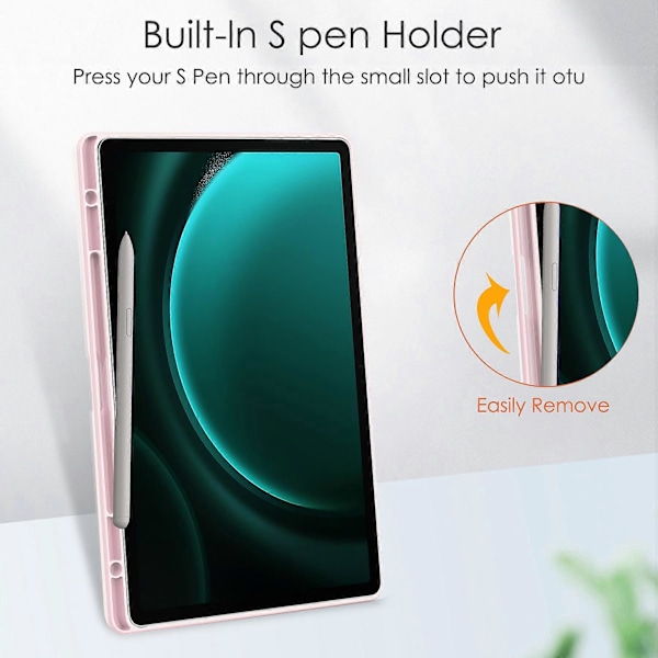 Kirkas suojakotelo Samsung Galaxy Tab S9 FE Plus -tabletille, kynäpaikka, kolmiosainen jalustakotelo Pink