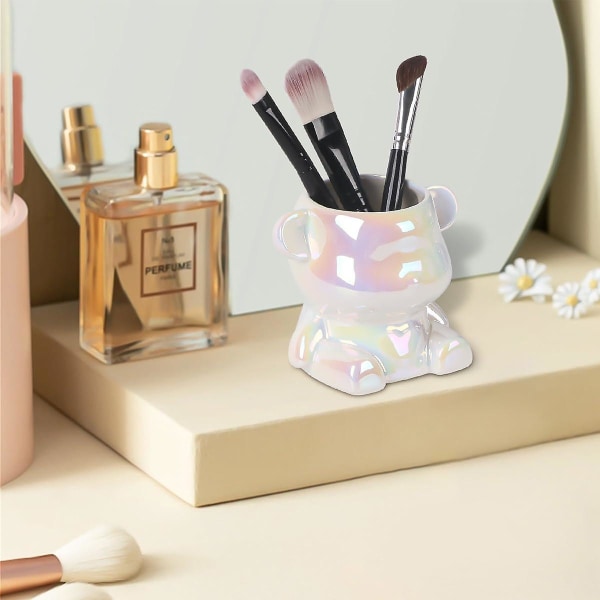 Keramisk makeup børsteholder, Cute Bear Cosmetic Organizer, Mini Make Up Brush Cup, Desktop Pencil Holder, blændende farve