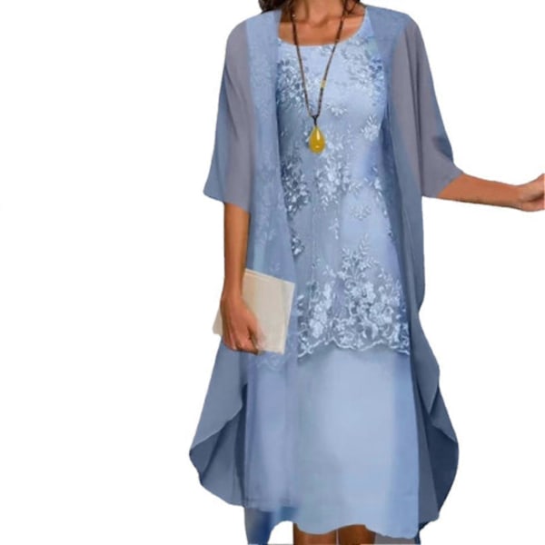 1 Set Vår Sommar Kontorsdam Cardigan Klänning Blommigt Tryck Stor Fåll Elegant Chiffon Klänningsset För Fest Light Blue M