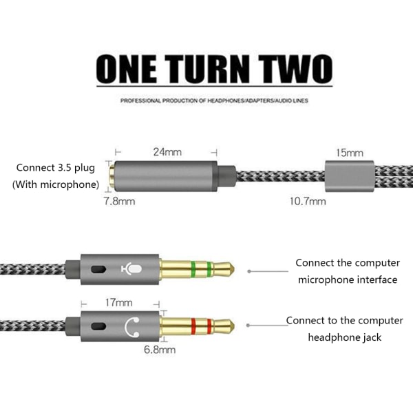 3,5 mm Jack Y-kabel Mikrofon Hodetelefon Lyd Splitter Kabel Hunn til 2 Hann Hodetelefon Mic Aux Adapter Kabler for Telefon Svart