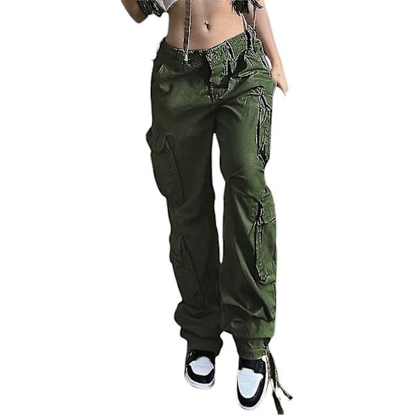 Dame Baggy Hip Hop Cargo Bukser Med Lomme Y2k Lav Talje Snøre Løse Joggingbukser Cargo Bukser Casual Sweatpants Streetwear Army Green L