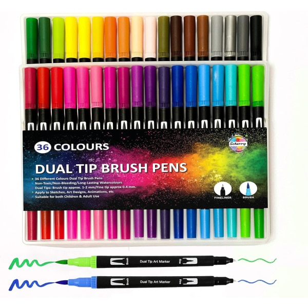 Färgpennor för vuxna Scherry Dual Tip Brush Pens Pack 36 Filtpennor Färgade Konstpennor för Vuxna Barn Kalligrafi Markörer Komisk Bokstäver