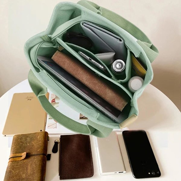 Canvasväska för damer, canvas handväska med flera innerfickor och dragkedja Green