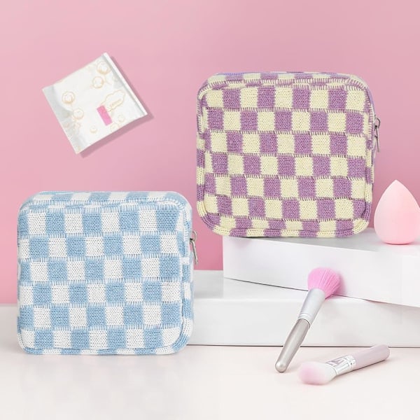 Saniteettisuojien säilytyspussi, Kuukautisten tyynyjen vetoketjullinen ruudullinen kannettava pussi, Panty-vuoraukset, Tamponien säilytyspussi - Sininen