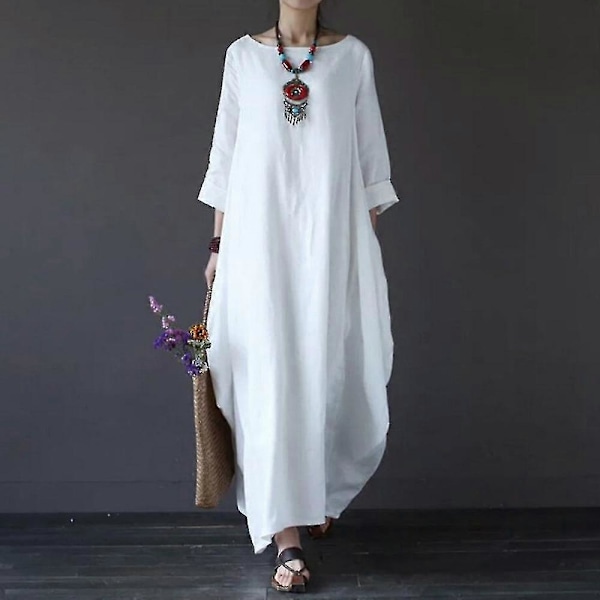 Sommarklänning för Kvinnor Långärmad Lös Bomull Linne Lång Klänning för Vardag White 4XL