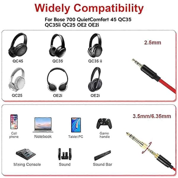 Udskiftnings lydkabelledning til Bose 700 QuietComfort 45 QC35 de fleste 3,5 mm jackstik