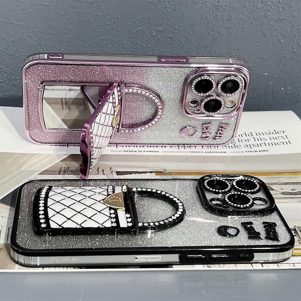 Til iPhone 15 Pro Cover Spejl Støtteben TPU+PC Gradient Glitter Telefon Cover
