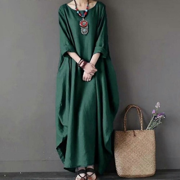 Sommerkjole for kvinner, langermet, løs bomulls- og linskjole for fritid Dark Green 3XL
