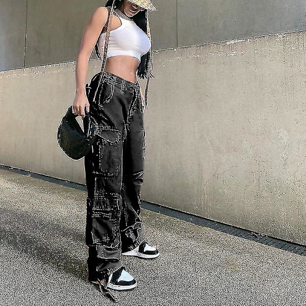 Baggy Hip Hop Cargo Bukser for Kvinner med Lomme Y2k Lavt Liv Snøring Løse Joggebukser Cargo Bukser Casual Sweatpant Streetwear Black M