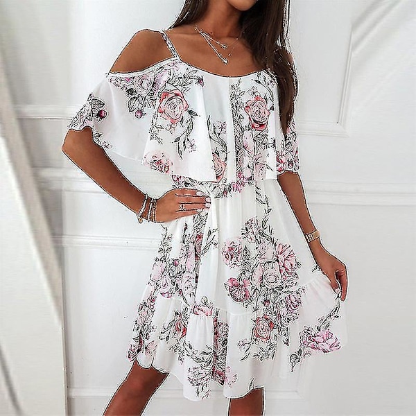 Dame Sommerkjole 2022 Vår og Sommer Chiffon Trykt Off-the-shoulder Stropp Sexy Kjole Black Xl