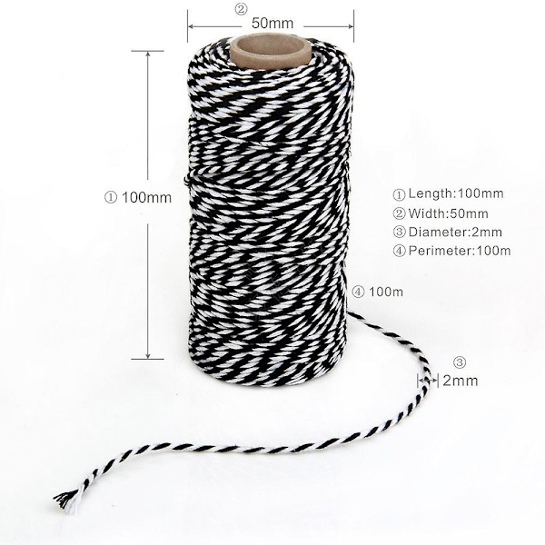 2mm 100m Bomullssträng Garn 2-trådig Flerfärgad Semester Dekorativ Randig Tråd För DIY Hantverk Present Bakning Inpackning Grey-White