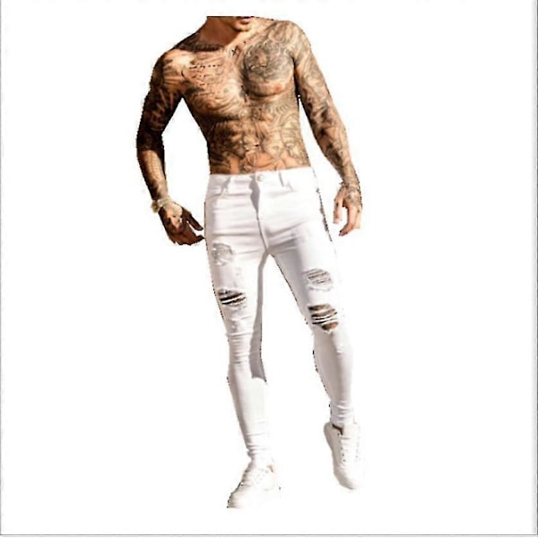 Herre Kne Hulls Glidelås Jeans Slim Ripped Bukse White 4XL