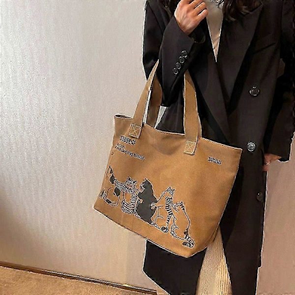 Canvas axelväska för dam, shoppingväska med stor kapacitet och avslappnad tecknad design