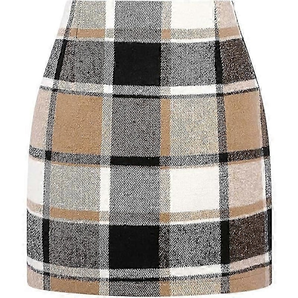 NYTT Dame Høy Midje Rutete Skjørt, Bodycon Blyant Ull Mini Skjørt Khaki M