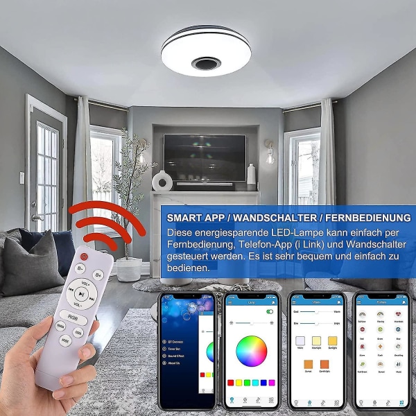 36W LED-loftslampe med dæmpbar Bluetooth-højttaler, LED-loftslampe med fjernbetjening eller app-styring, RGBW-farveskift, justerbar til soveværelse, køkken, børneværelse, stue