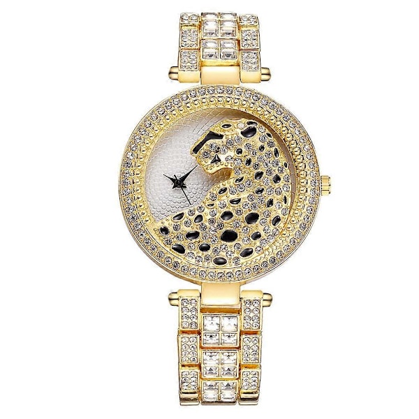 Guld Leopard Klocka Bling Dam Kvarts Klocka Gold