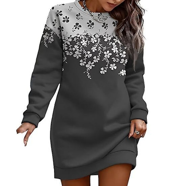 Dam Höst Vinter Sweatshirt Klänning Blommönster Rund Hals Långärmad Lös Pullover Tjock Varm Mellanlång Elastisk Manschett Dam Vår Mini Klänning dark gray 3XL