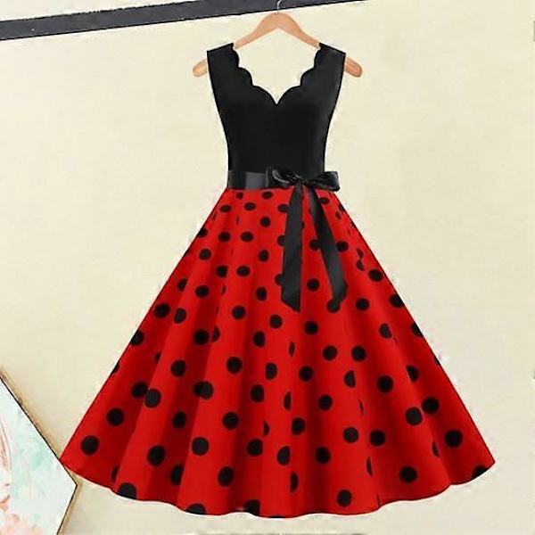 Dame Midi Kant Høy Midje Snøring Stram Kjole Blomster Sløyfe Dekor Ermeløs A-linje Løs Kant Prikket Retro 50-talls yellow 2XL