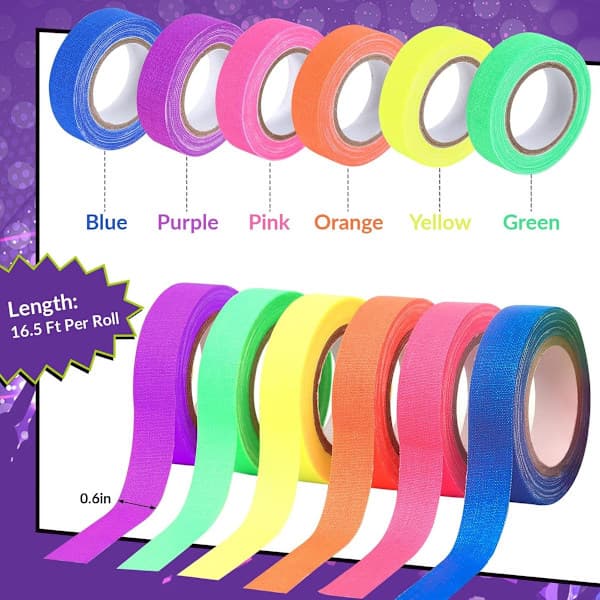 Lysende washi-tape - Neontape i 6 neonfarger - 5M x 1,5cm rull