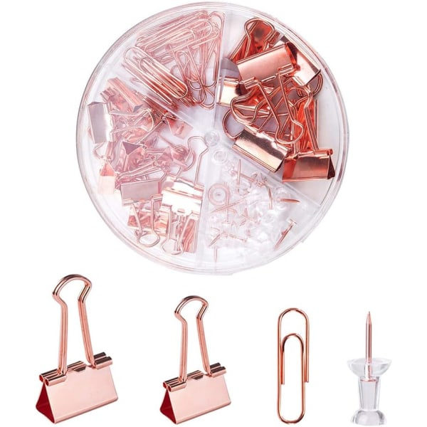 72-delt sæt med kontorartikler, inklusive 22 klips, 30 papirclips og 20 knappenåle, skolebordtilbehør med æske Rose Gold