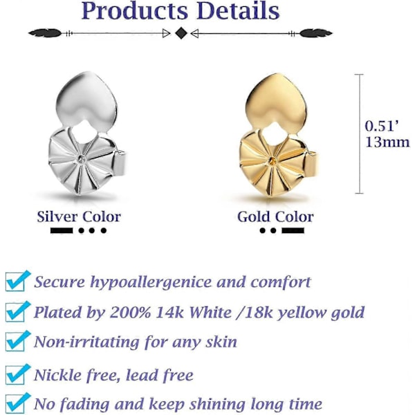 4 Par Ørehængs Løftere, Hypoallergeniske Hjerte Ørehængs Bagstykker Til Sløve Ører Justerbare Til Tunge Ørehæng Gold 4 Pairs