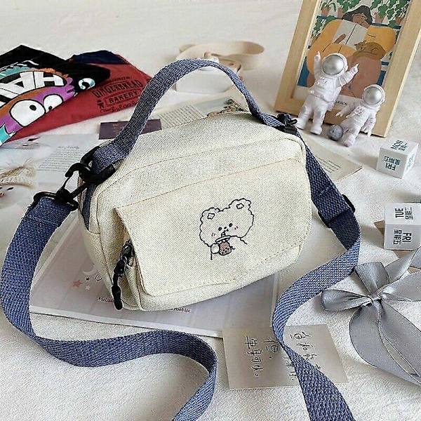 Dame Kawaii Canvas Skuldertasker Mini Tegneserie Print Mode Klud Lille Håndtaske Blue