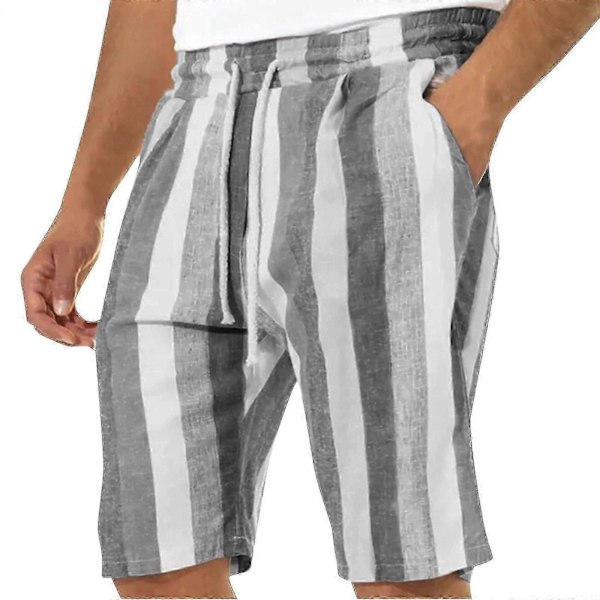 Herr Casual Bomull Linne Shorts, Sommar Färgblock Randiga Dragsko Midja Shorts Grey S