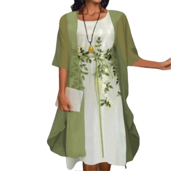 1 Set Vår Sommar Kontorsdam Cardigan Klänning Blommigt Tryck Stor Fåll Elegant Chiffon Klänningsset För Fest Light Green 4XL