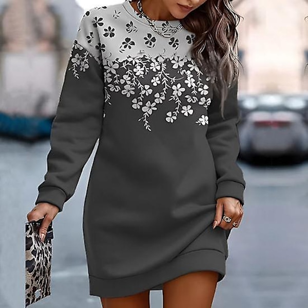 Dame Efterår Vinter Sweatshirt Kjole Blomsterprint Rund Hals Lange Ærmer Løs Pullover Tyk Varm Midt Længde Elastisk Manchet Dame Forår Mini Kjole white M