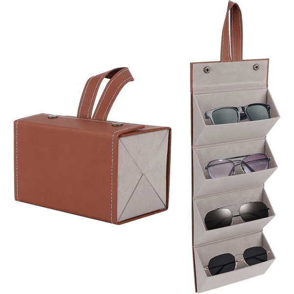 Solbriller Organizer Case, 4-spor brilleholder Oppbevaring Sammenleggbar reiseveske. Brilleoppbevaringsveske Boks Multiple brilleholder Display (brun)