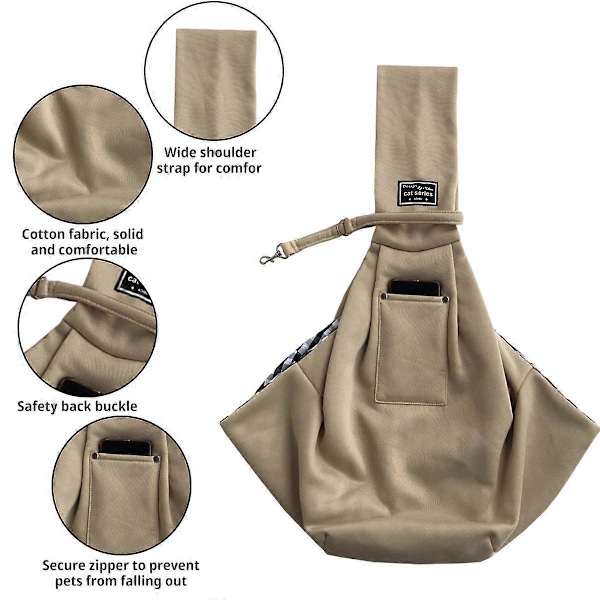 Hund- och Kattslinga Bärväska Hands Free Vändbar Husdjurs Papoose Väska - Mjuk Påse och Tote Design Lämplig för Valp, Små Hundar khaki