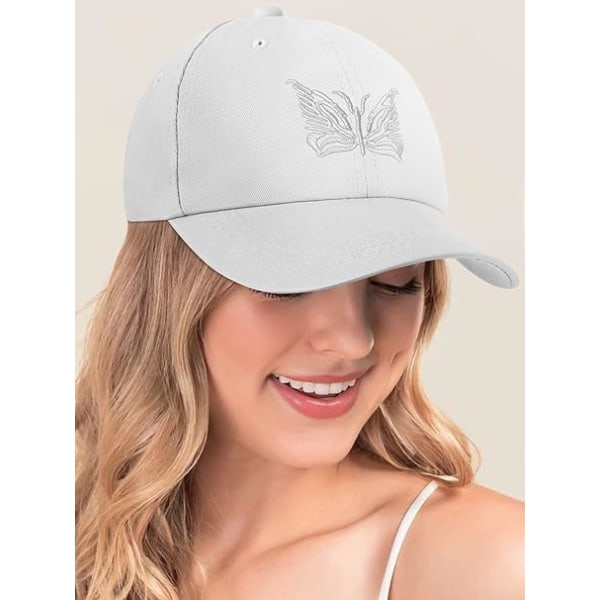 Dame Baseball Cap - Butterfly Mønster Dame Baseball Cap Justerbar Bomull Peak Cap for Kvinner, Hvit