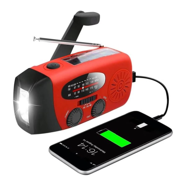 2000mAh Hand Crank Radio Power Bank; Solar Battery Flashlight - Red, good quality