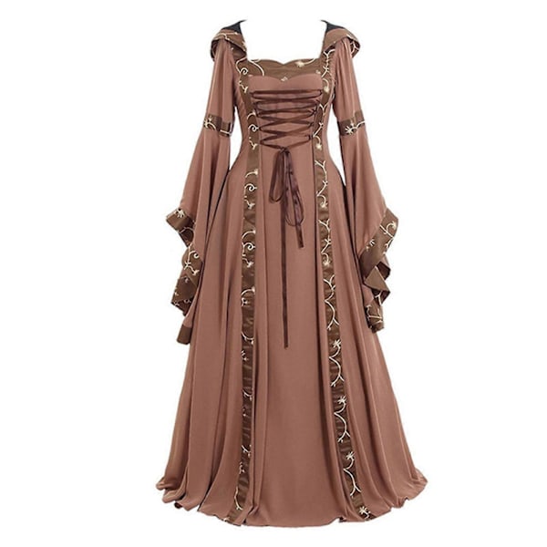 Medeltida Kvinnor Klänningar med Huvor Gotisk Renässans Drottning Cosplay Lång Klänning Kvinnlig Retro Fancy Kläder Halloween Khaki 2XL
