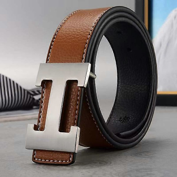 Ny stil affär ledig äkta PU-läder H slätt spänne litchi-korn bälte för män Earthy yellow gold buckle