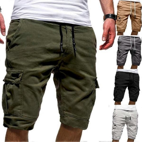 Cargo shorts til mænd, elastisk talje med snøre, afslappede bomuldsshorts til udendørs brug med flere lommer - Khaki farve L