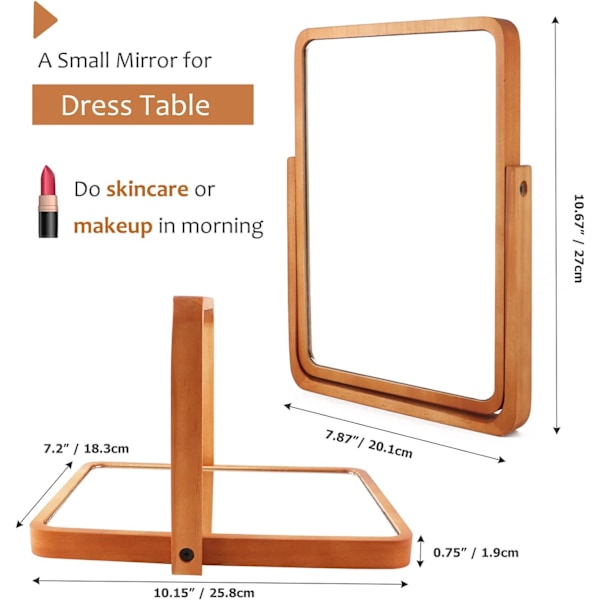 Træbordsspejl til makeup, lille afrundet rektangel natur med justerbar stander til makeupbord, æstetisk borddekoration