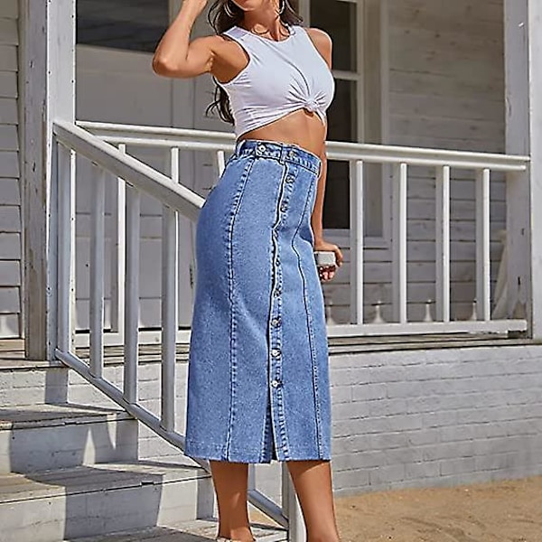 Dameknapp Side Splitt Denim Midi Skjørt Casual Høy Midje Slim Fit Jeans Blyantskjørtlarge