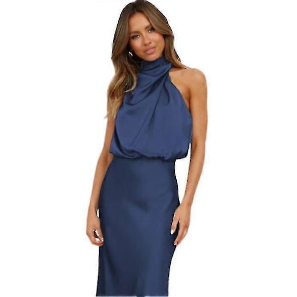 Sommerkjole i sateng for kvinner, uten ermer, plissert og lang Navy blue S
