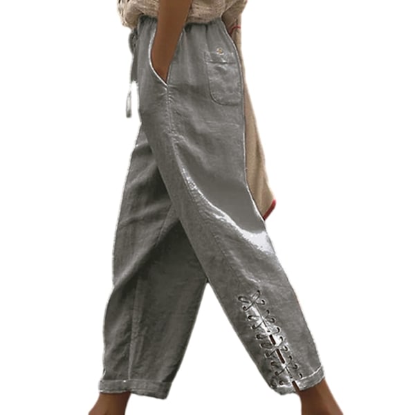 Afslappede bukser med elastisk talje, snøre, lommer, bandage ved manchetterne, ensfarvede sommerbukser til kvinder, streetwear Light Grey M