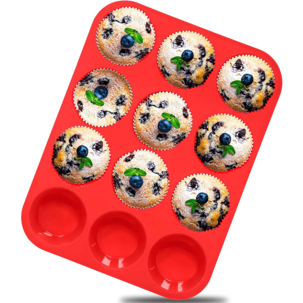 Silikon Muffinform - Vanlig 12 Kopper Cupcakebrett, Non-Stick Silikon Bakeformer for Å Lage Muffins, Cupcakes, Sjokolade 1 Pack 12cups