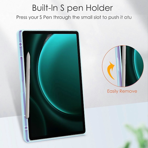Kirkas suojakotelo Samsung Galaxy Tab S9 FE Plus -tabletille, kynäpaikka, kolmiosainen jalustakotelo Baby Blue