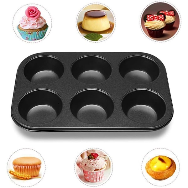 6 Kopper Muffinsbrett - Non-stick BPA-fri og oppvaskmaskinsikker Cupcake-panne Svart