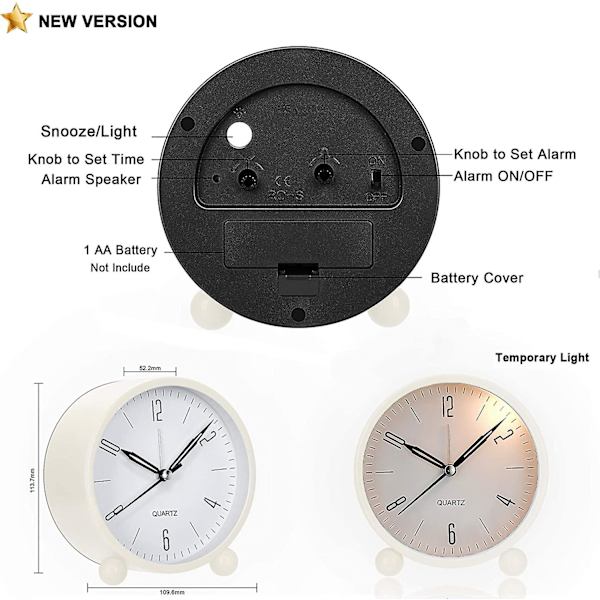 Analog väckarklocka, 4 tum super tyst icke tickande liten klocka med nattlampa, batteridriven, enkel design, för sovrum, sängbord, skrivbord Green 4.69 x 4.61 x 2.28 Inch