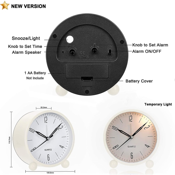 Analog vekkerklokke, 4-tommers superstille, ikke-tikkende liten klokke med nattlys, batteridrevet, enkelt design, for soverom, nattbord, skrivebord white