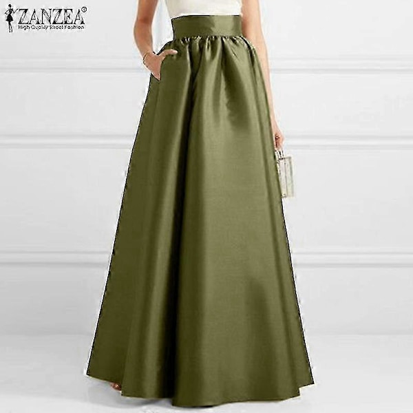ZANZEA Naisten Muoti Korkeavyötäröinen A-linjainen Satiinihame Yksivärinen Juhla Pitkä Hame army green 4XL