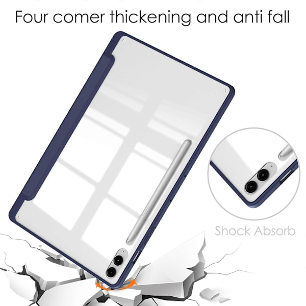 Transparent Fodral för Samsung Galaxy Tab S9 FE Plus, Pennfack Tablet Tri-fold Ställskydd Dark Blue
