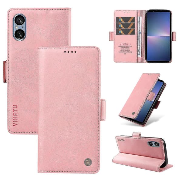 Læder telefoncover med foldbart stativ og pung til Sony Xperia 5 V Pink