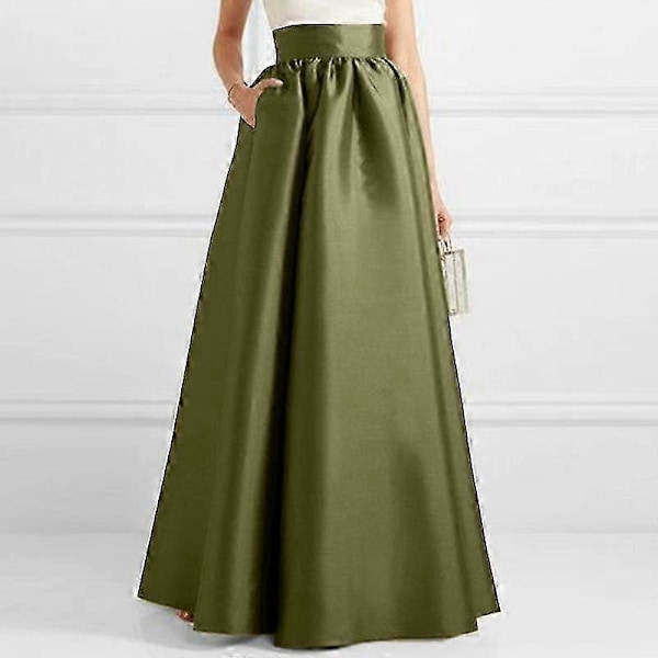 ZANZEA Naisten Muoti Korkeavyötäröinen A-linjainen Satiinihame Yksivärinen Juhla Pitkä Hame army green 4XL