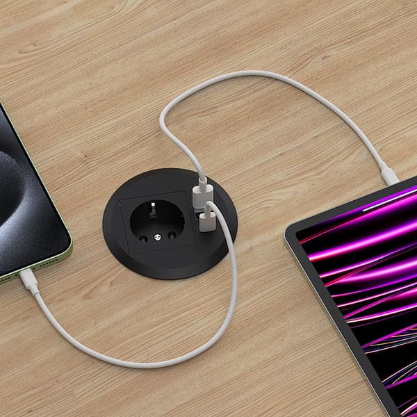 Indbygget Skrivebordsstikdåse med USB-C PD 20W, 2 USB-porte og 1,7 m Kabel, Sort, Passer til 80 mm Bordhul